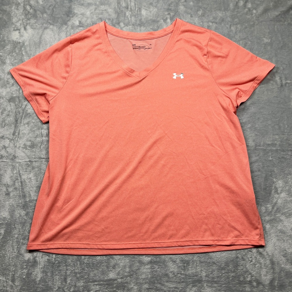 Under Armour T-Shirt Womens 1X Coral HeatGear V-Neck Short Sleeve Loose Fit